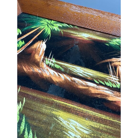 Rustic MCM Tropical Island Landscape Oil Painting With Black Velvet Wooden Frame - Picture 6 of 15